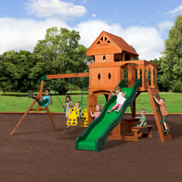 Backyard Discovery Monterey Cedar Wood Playset Swing Set with Double Story Clubhouse Wave Slide and Glider Swing - Image 2