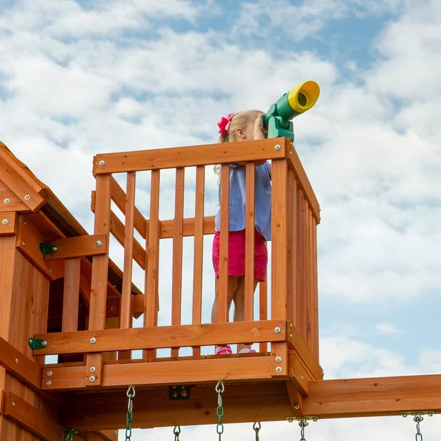 Backyard Discovery Skyfort II Cedar Wood Playset Swing Set with Raised Clubhouse Wave Slide Monkey Bars and Rock Climbing Wall - Image 7